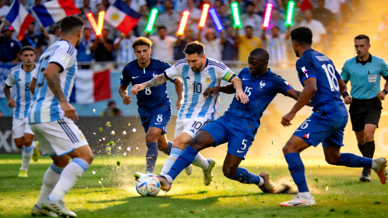 阿根廷与法国队球员在世界杯决赛中激烈拼抢的赛场画面